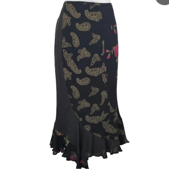 Vintage 100% Silk Chicos Design Elegant Black and Gold Paisley Skirt, size L16 - Picture 1 of 7